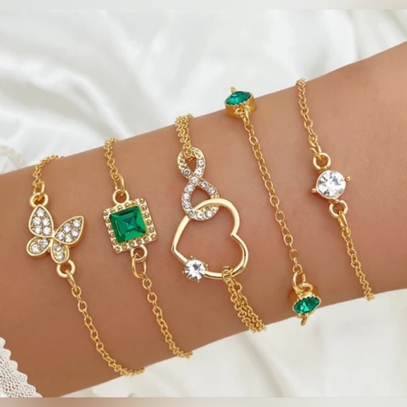 Jewelry - Elegant Gold and Green Bracelet Set Of 5 Pieces